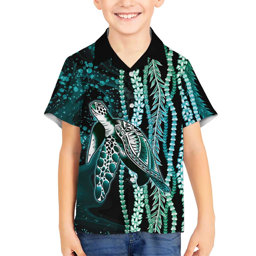 Hawaiian Honu Personalized Kid Hawaiian Shirt Dark Cyan Maile Pikake Flower Lei Inspired LT9 Kid Cyan - Polynesian Pride