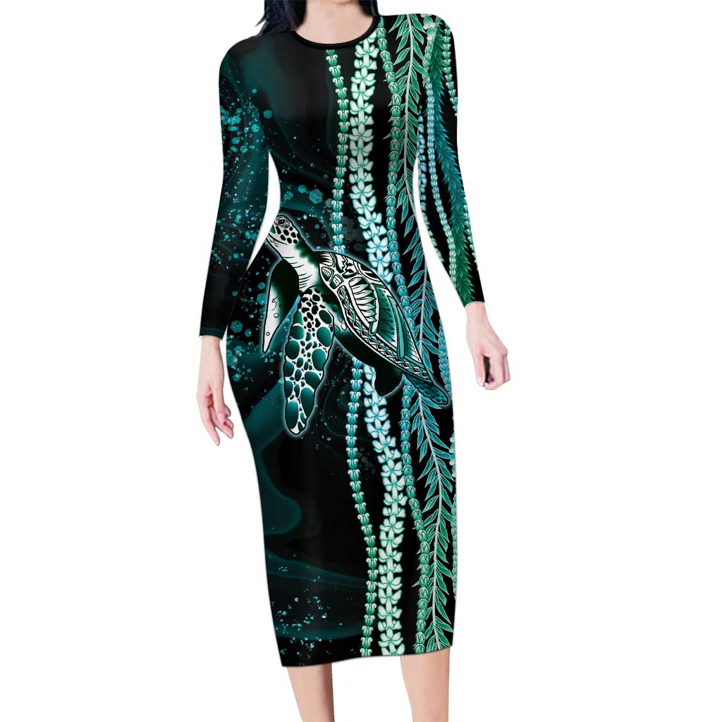 Hawaiian Honu Personalized Long Sleeve Bodycon Dress Dark Cyan Maile Pikake Flower Lei Inspired