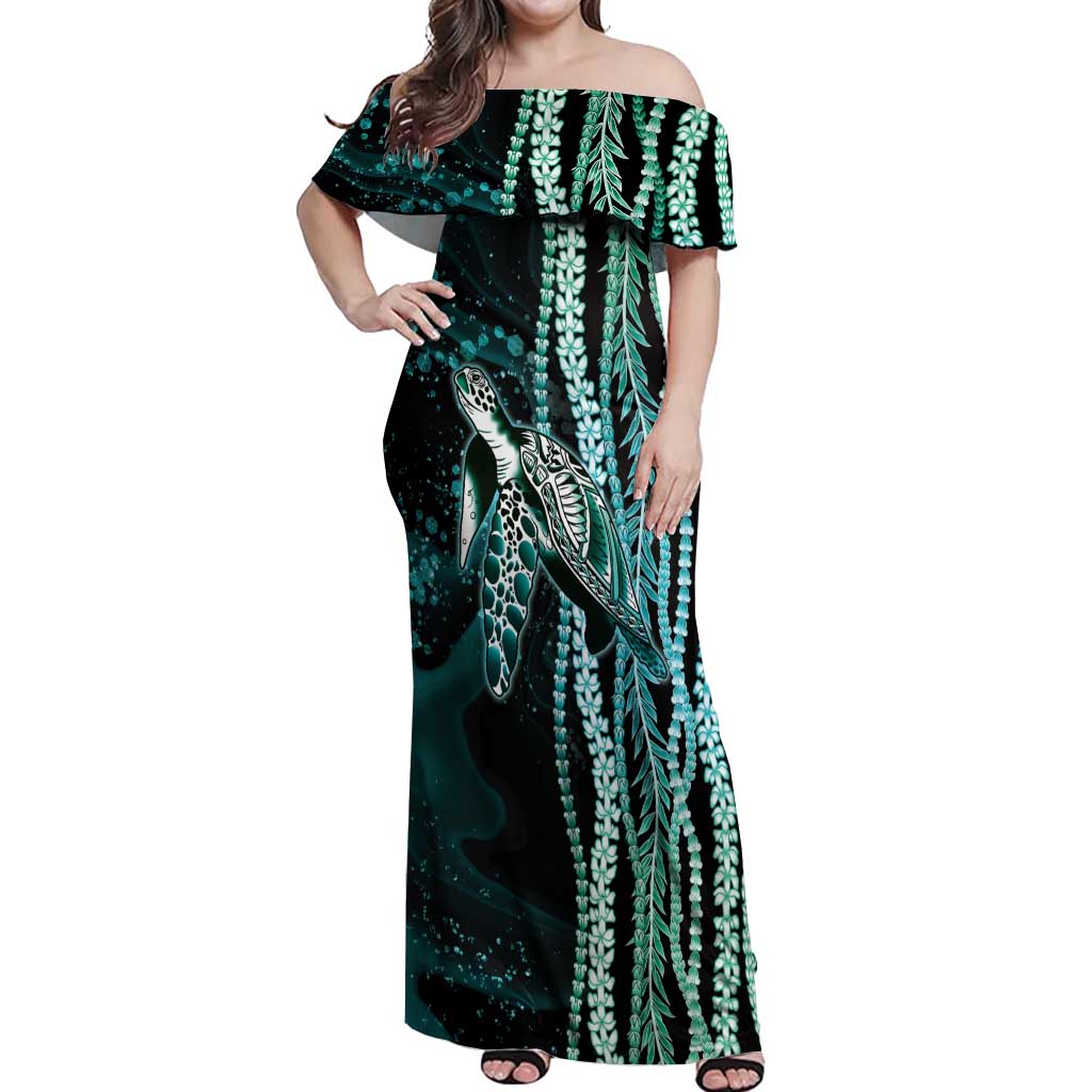 Hawaiian Honu Personalized Off Shoulder Maxi Dress Dark Cyan Maile Pikake Flower Lei Inspired
