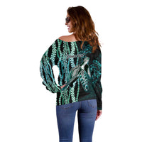 Hawaiian Honu Personalized Off Shoulder Sweater Dark Cyan Maile Pikake Flower Lei Inspired