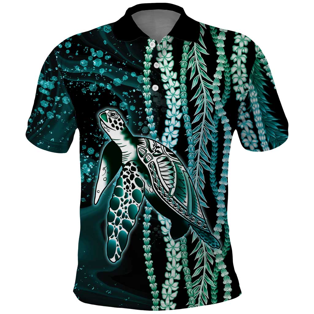 Hawaiian Honu Personalized Polo Shirt Dark Cyan Maile Pikake Flower Lei Inspired LT9 Cyan - Polynesian Pride