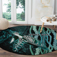 Hawaiian Honu Personalized Round Carpet Dark Cyan Maile Pikake Flower Lei Inspired