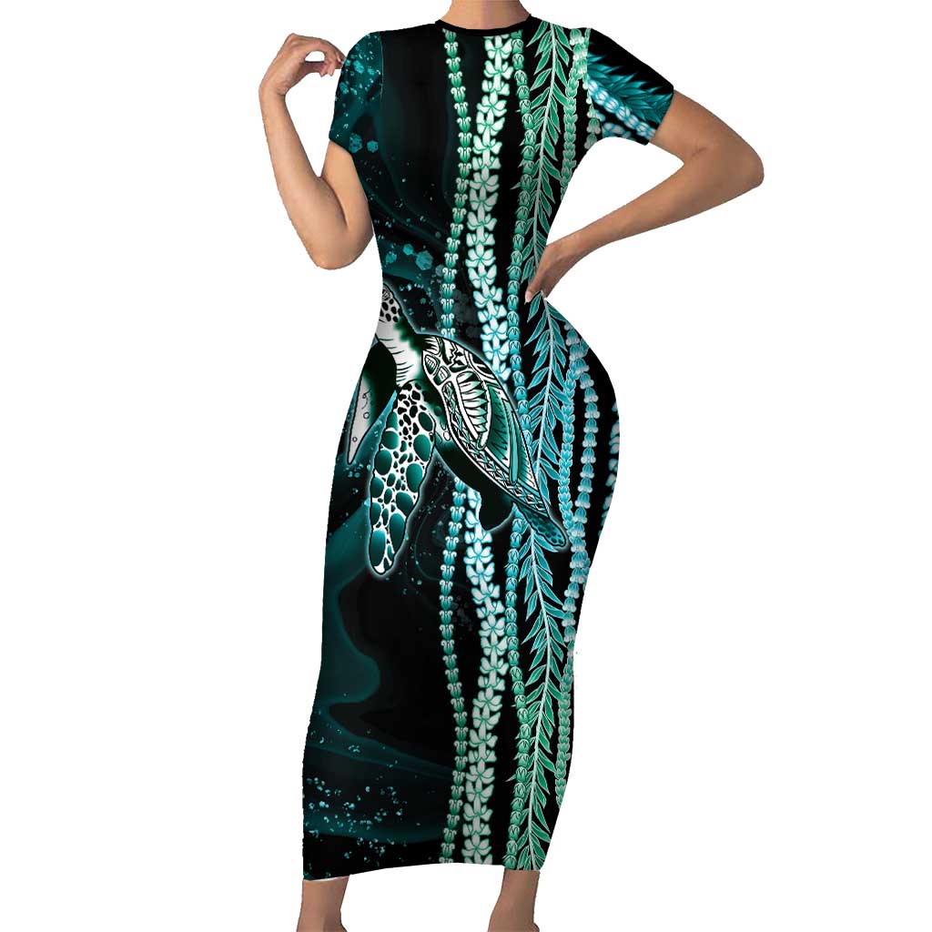 Hawaiian Honu Personalized Short Sleeve Bodycon Dress Dark Cyan Maile Pikake Flower Lei Inspired LT9 Long Dress Cyan - Polynesian Pride