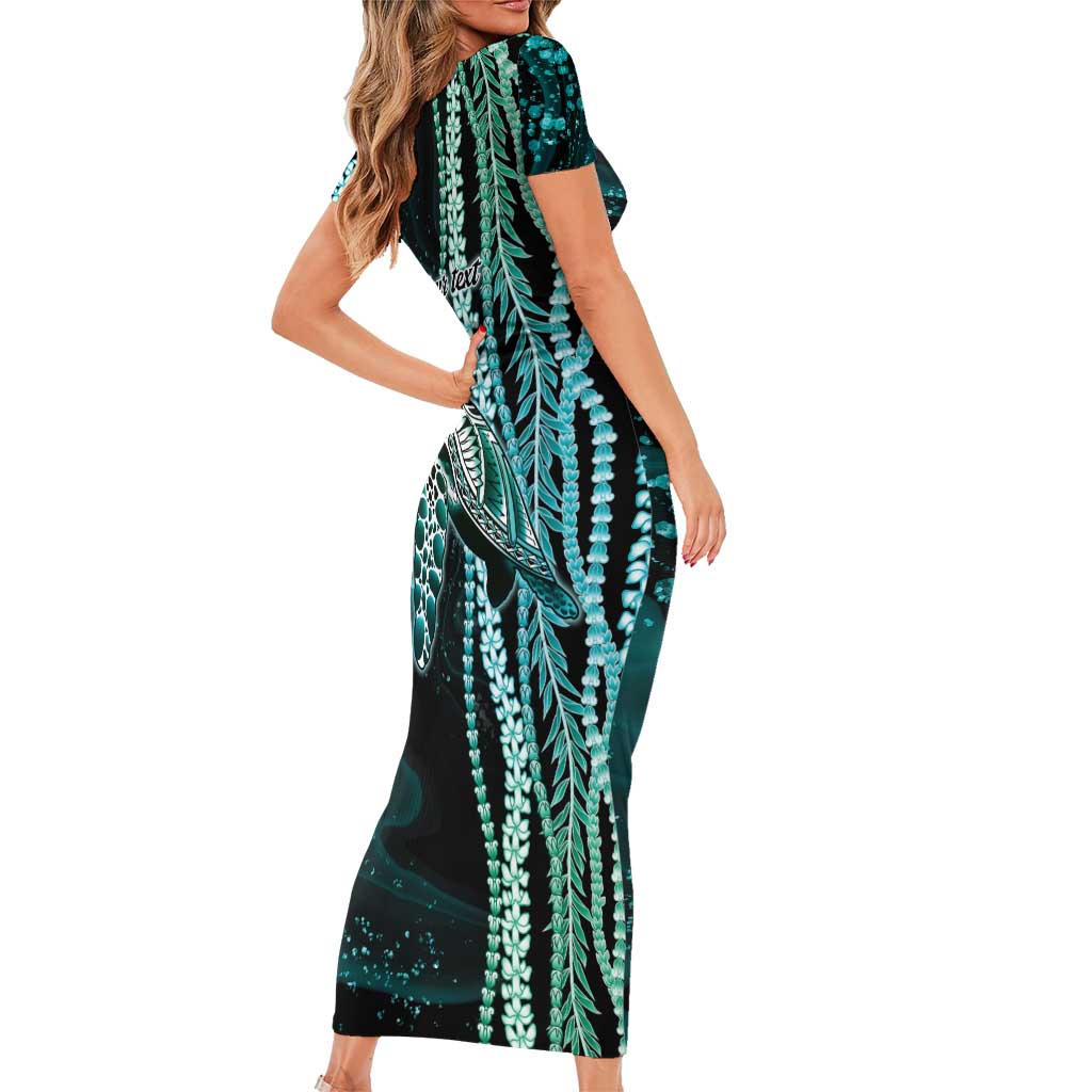 Hawaiian Honu Personalized Short Sleeve Bodycon Dress Dark Cyan Maile Pikake Flower Lei Inspired LT9 - Polynesian Pride