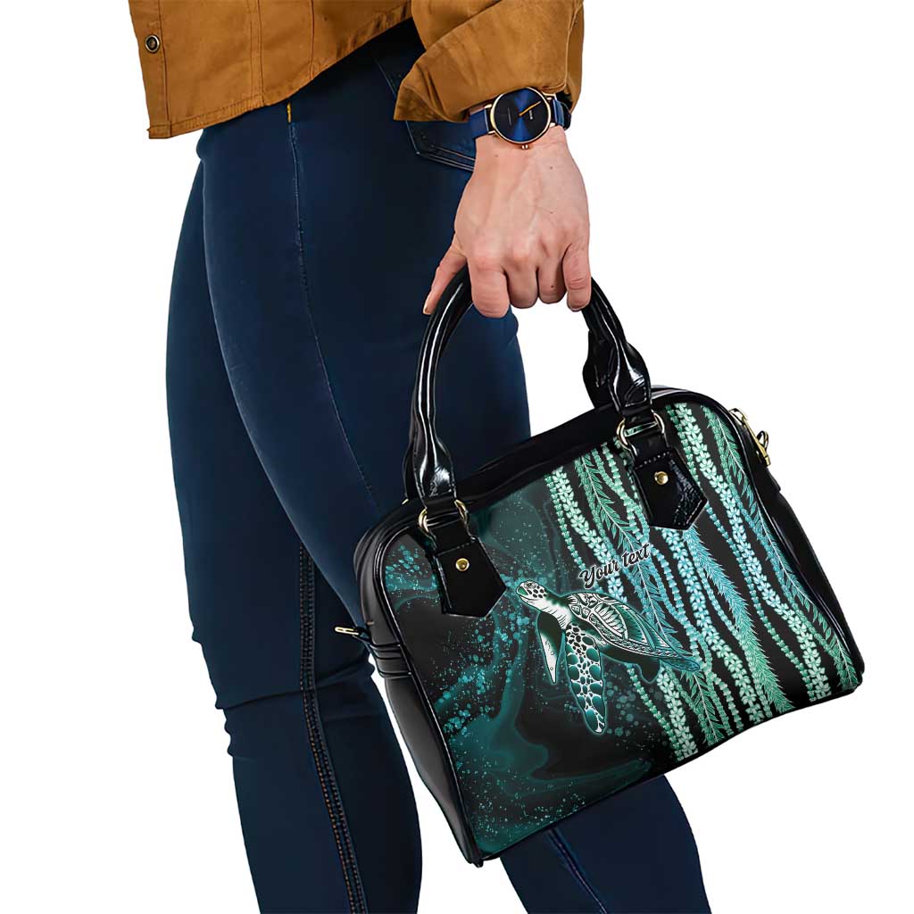 Hawaiian Honu Personalized Shoulder Handbag Dark Cyan Maile Pikake Flower Lei Inspired
