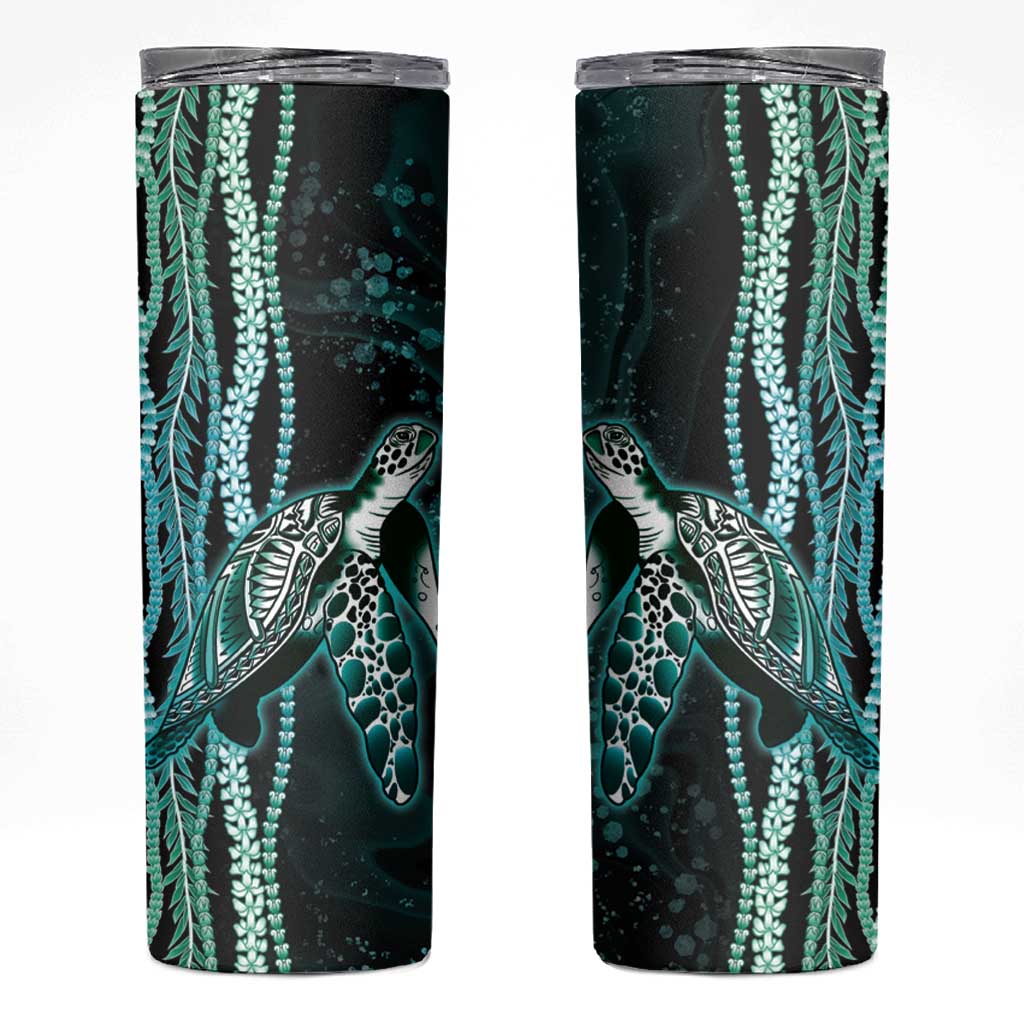 Hawaiian Honu Personalized Skinny Tumbler Dark Cyan Maile Pikake Flower Lei Inspired LT9 Cyan - Polynesian Pride