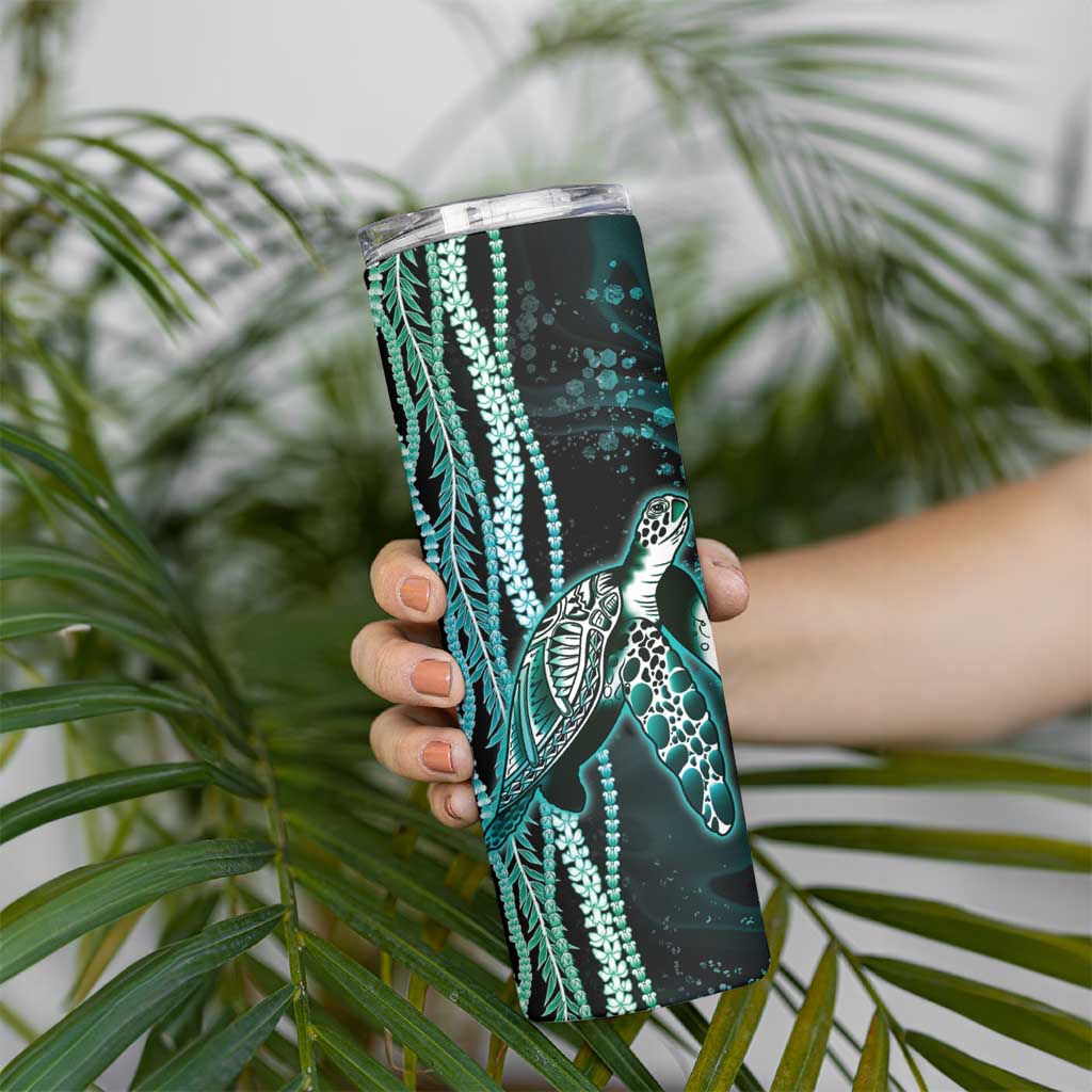 Hawaiian Honu Personalized Skinny Tumbler Dark Cyan Maile Pikake Flower Lei Inspired LT9 - Polynesian Pride