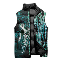 Hawaiian Honu Personalized Sleeveless Puffer Jacket Dark Cyan Maile Pikake Flower Lei Inspired