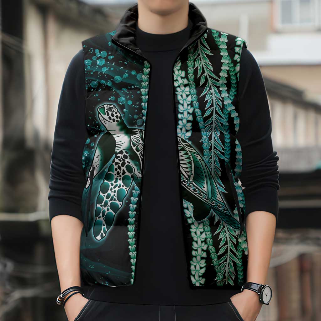 Hawaiian Honu Personalized Sleeveless Puffer Jacket Dark Cyan Maile Pikake Flower Lei Inspired