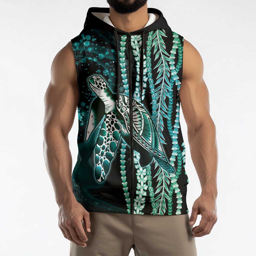 Hawaiian Honu Personalized Sleeveless Zip Hoodie Dark Cyan Maile Pikake Flower Lei Inspired