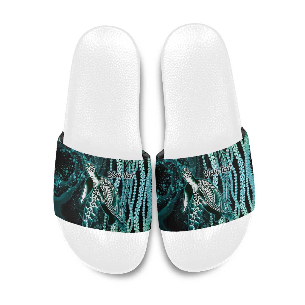Hawaiian Honu Personalized Slide Sandals Dark Cyan Maile Pikake Flower Lei Inspired