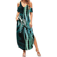 Hawaiian Honu Personalized Summer Maxi Dress Dark Cyan Maile Pikake Flower Lei Inspired