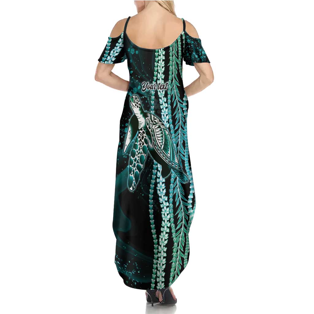 Hawaiian Honu Personalized Summer Maxi Dress Dark Cyan Maile Pikake Flower Lei Inspired