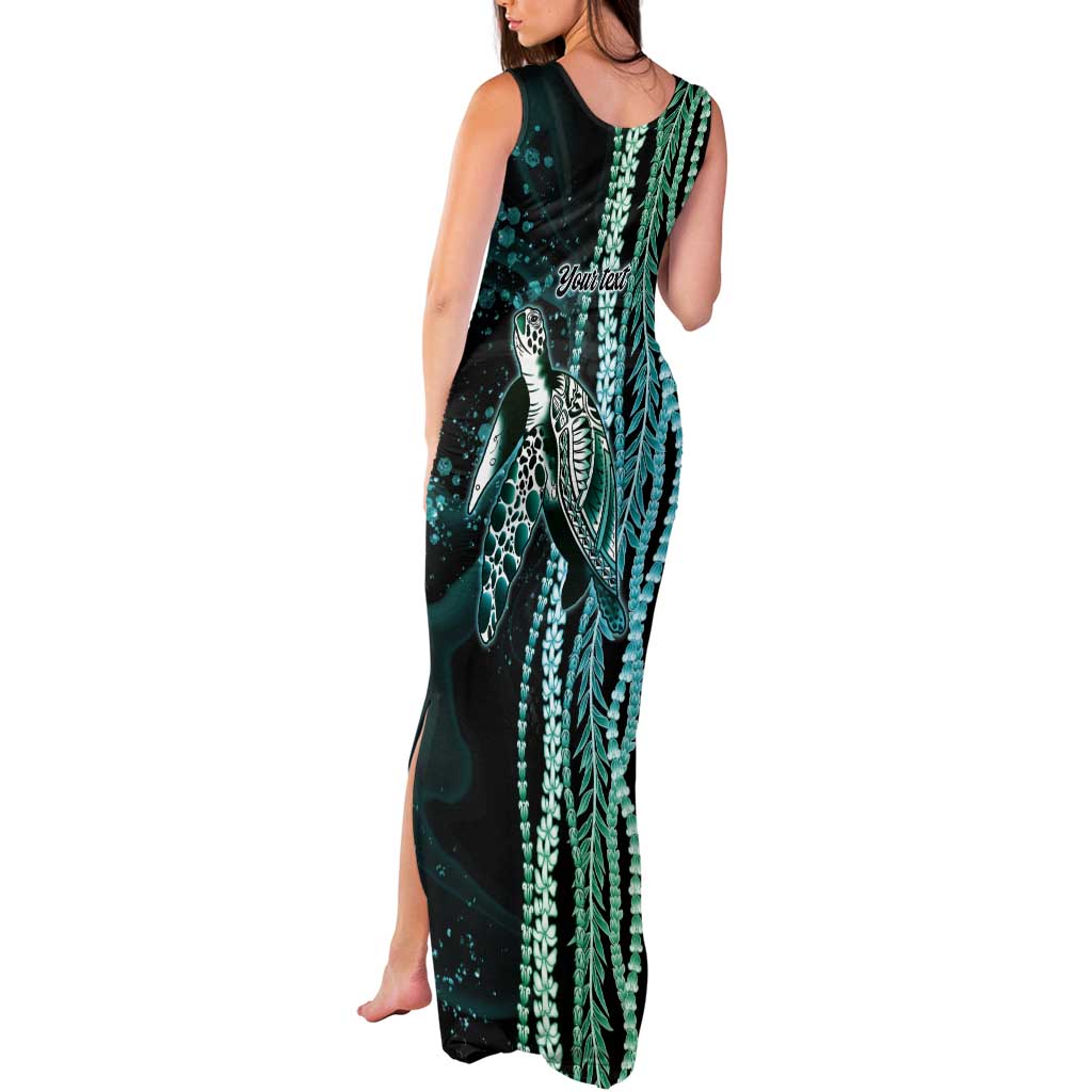 Hawaiian Honu Personalized Tank Maxi Dress Dark Cyan Maile Pikake Flower Lei Inspired
