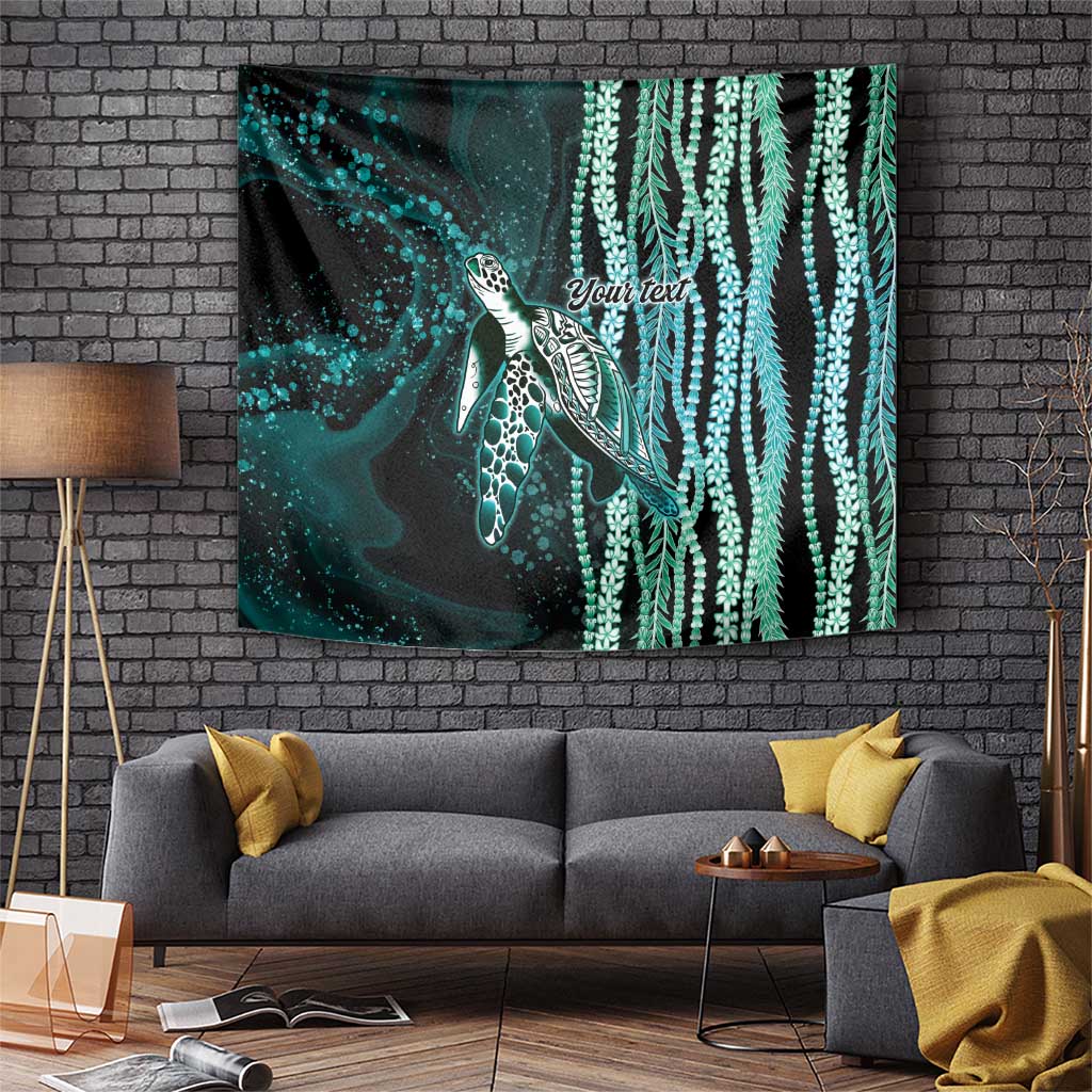 Hawaiian Honu Personalized Tapestry Dark Cyan Maile Pikake Flower Lei Inspired