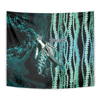 Hawaiian Honu Personalized Tapestry Dark Cyan Maile Pikake Flower Lei Inspired