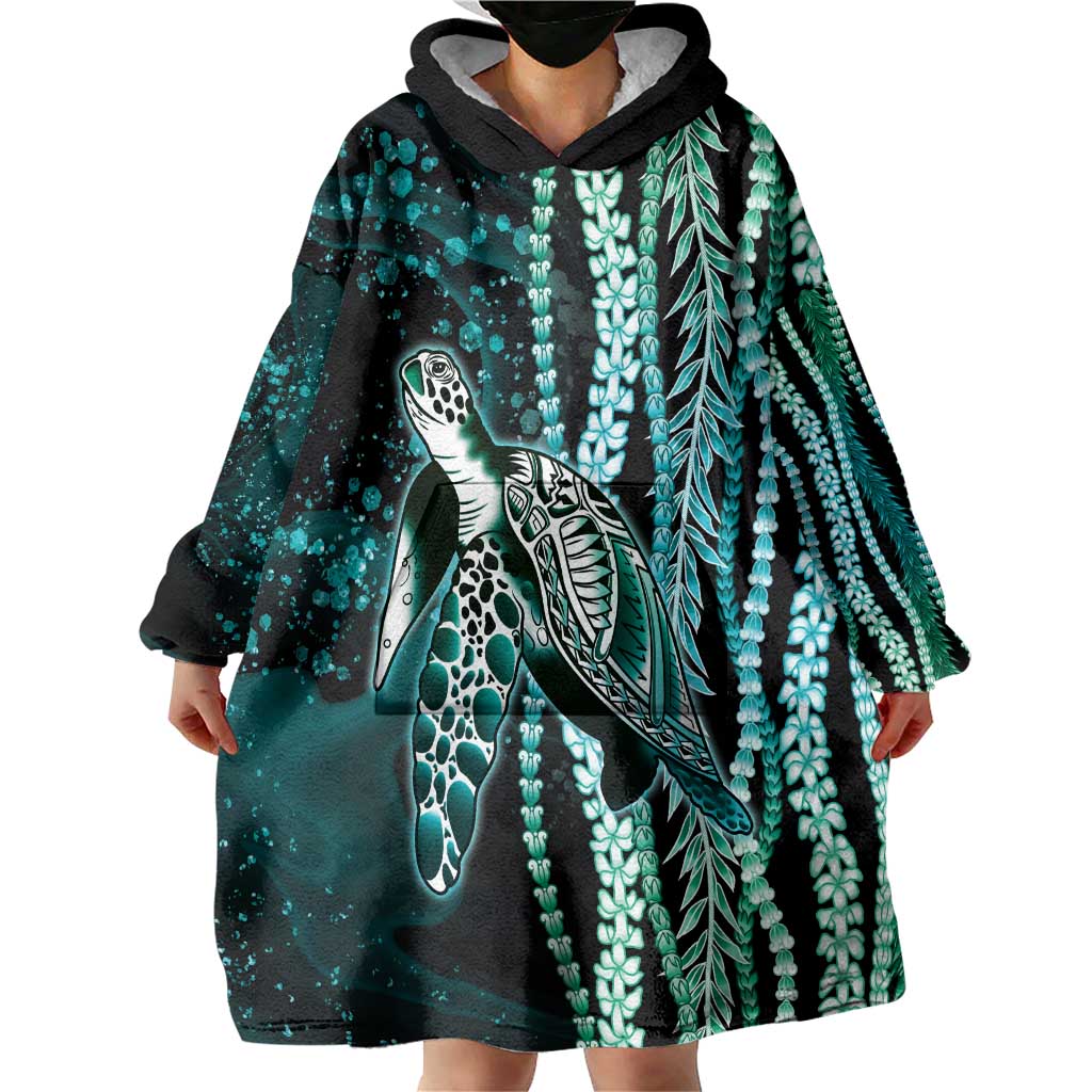 Hawaiian Honu Personalized Wearable Blanket Hoodie Dark Cyan Maile Pikake Flower Lei Inspired