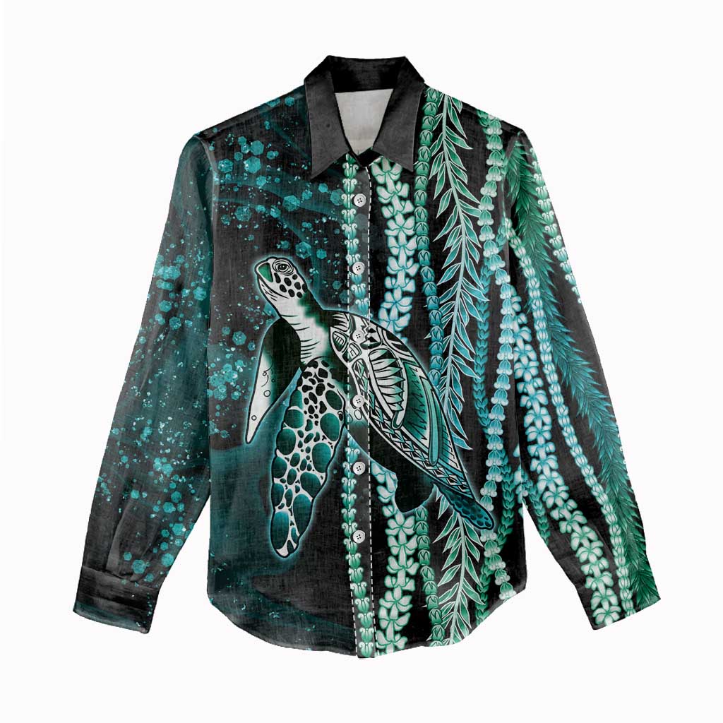 Hawaiian Honu Personalized Women Casual Shirt Dark Cyan Maile Pikake Flower Lei Inspired LT9 - Polynesian Pride