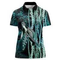 Hawaiian Honu Personalized Women Polo Shirt Dark Cyan Maile Pikake Flower Lei Inspired LT9 Female Cyan - Polynesian Pride