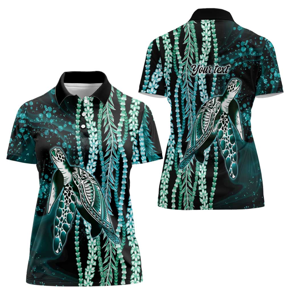 Hawaiian Honu Personalized Women Polo Shirt Dark Cyan Maile Pikake Flower Lei Inspired LT9 - Polynesian Pride