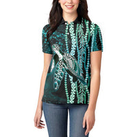 Hawaiian Honu Personalized Women Polo Shirt Dark Cyan Maile Pikake Flower Lei Inspired LT9 - Polynesian Pride