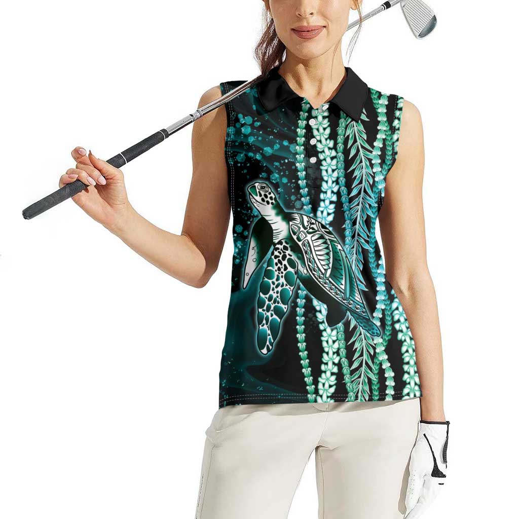 Hawaiian Honu Personalized Women Sleeveless Polo Shirt Dark Cyan Maile Pikake Flower Lei Inspired LT9 - Polynesian Pride