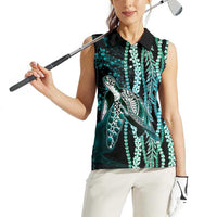 Hawaiian Honu Personalized Women Sleeveless Polo Shirt Dark Cyan Maile Pikake Flower Lei Inspired LT9 - Polynesian Pride