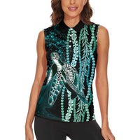 Hawaiian Honu Personalized Women Sleeveless Polo Shirt Dark Cyan Maile Pikake Flower Lei Inspired LT9 - Polynesian Pride