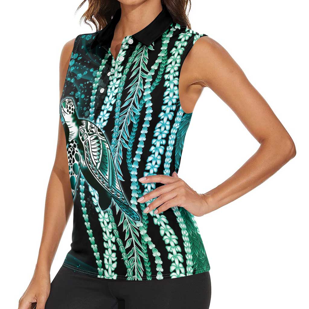 Hawaiian Honu Personalized Women Sleeveless Polo Shirt Dark Cyan Maile Pikake Flower Lei Inspired LT9 - Polynesian Pride