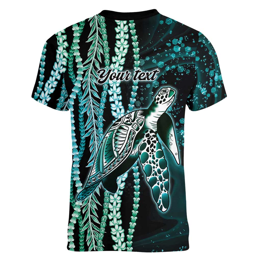 Hawaiian Honu Personalized Women V-Neck T-Shirt Dark Cyan Maile Pikake Flower Lei Inspired LT9 - Polynesian Pride