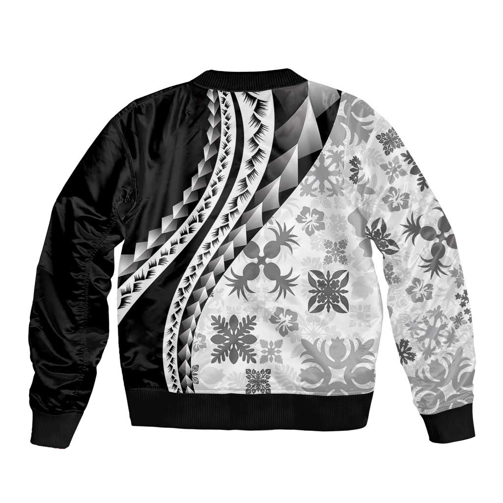 Black Hawaiian Quilt Pattern Bomber Jacket Mixed Polynesian Tribal Arty