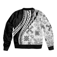 Black Hawaiian Quilt Pattern Bomber Jacket Mixed Polynesian Tribal Arty