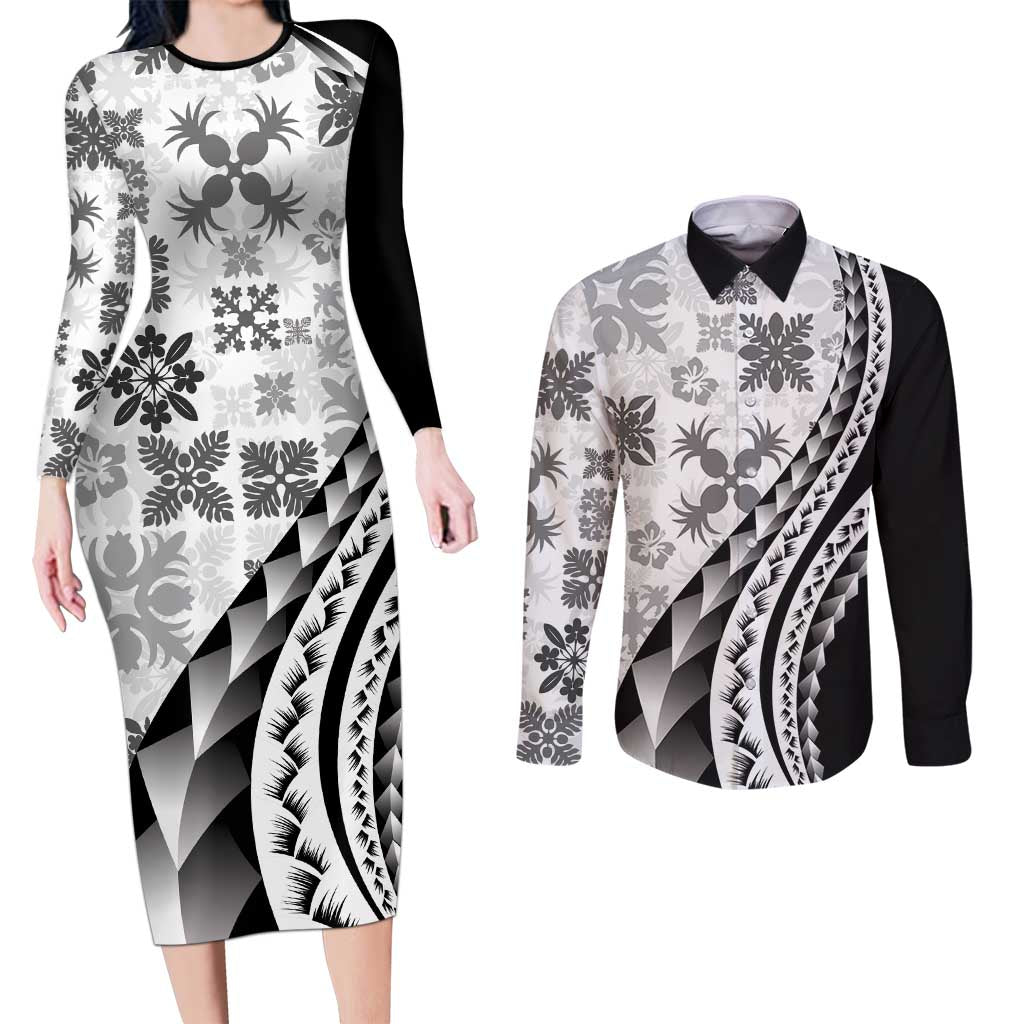 Black Hawaiian Quilt Pattern Couples Matching Long Sleeve Bodycon Dress and Long Sleeve Button Shirt Mixed Polynesian Tribal Arty LT9 Black - Polynesian Pride