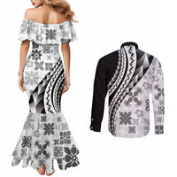 Black Hawaiian Quilt Pattern Couples Matching Mermaid Dress and Long Sleeve Button Shirt Mixed Polynesian Tribal Arty LT9 - Polynesian Pride