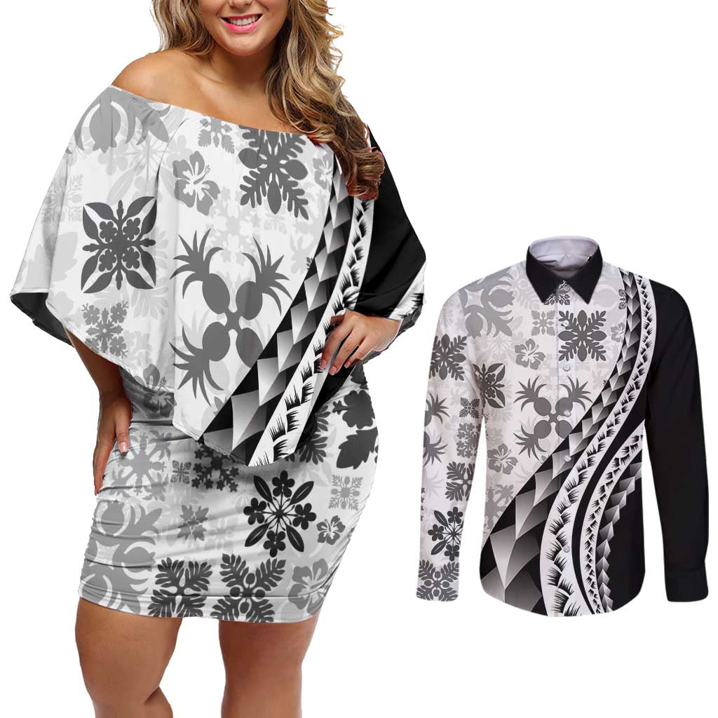 Black Hawaiian Quilt Pattern Couples Matching Off Shoulder Short Dress and Long Sleeve Button Shirt Mixed Polynesian Tribal Arty LT9 Black - Polynesian Pride