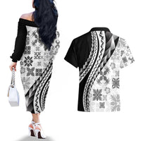 Black Hawaiian Quilt Pattern Couples Matching Off The Shoulder Long Sleeve Dress and Hawaiian Shirt Mixed Polynesian Tribal Arty LT9 - Polynesian Pride