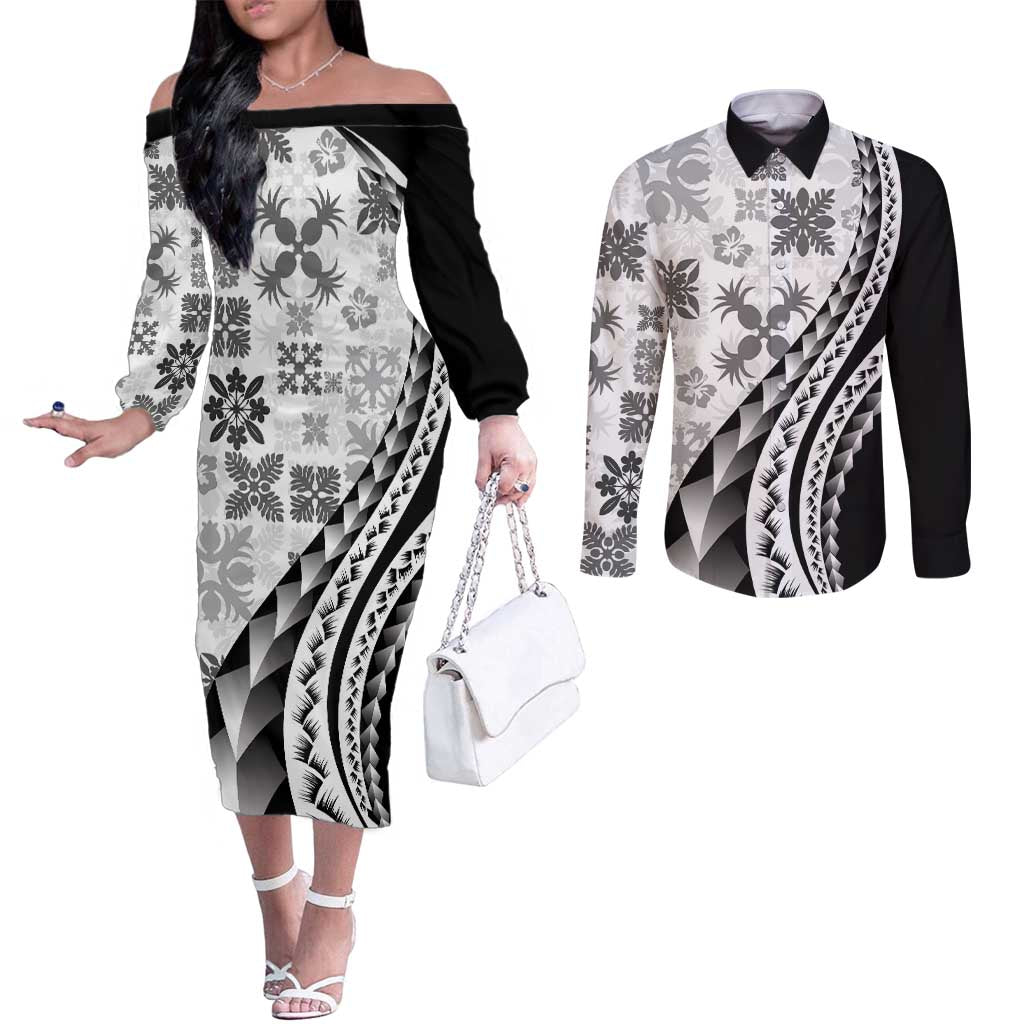 Black Hawaiian Quilt Pattern Couples Matching Off The Shoulder Long Sleeve Dress and Long Sleeve Button Shirt Mixed Polynesian Tribal Arty LT9 Black - Polynesian Pride