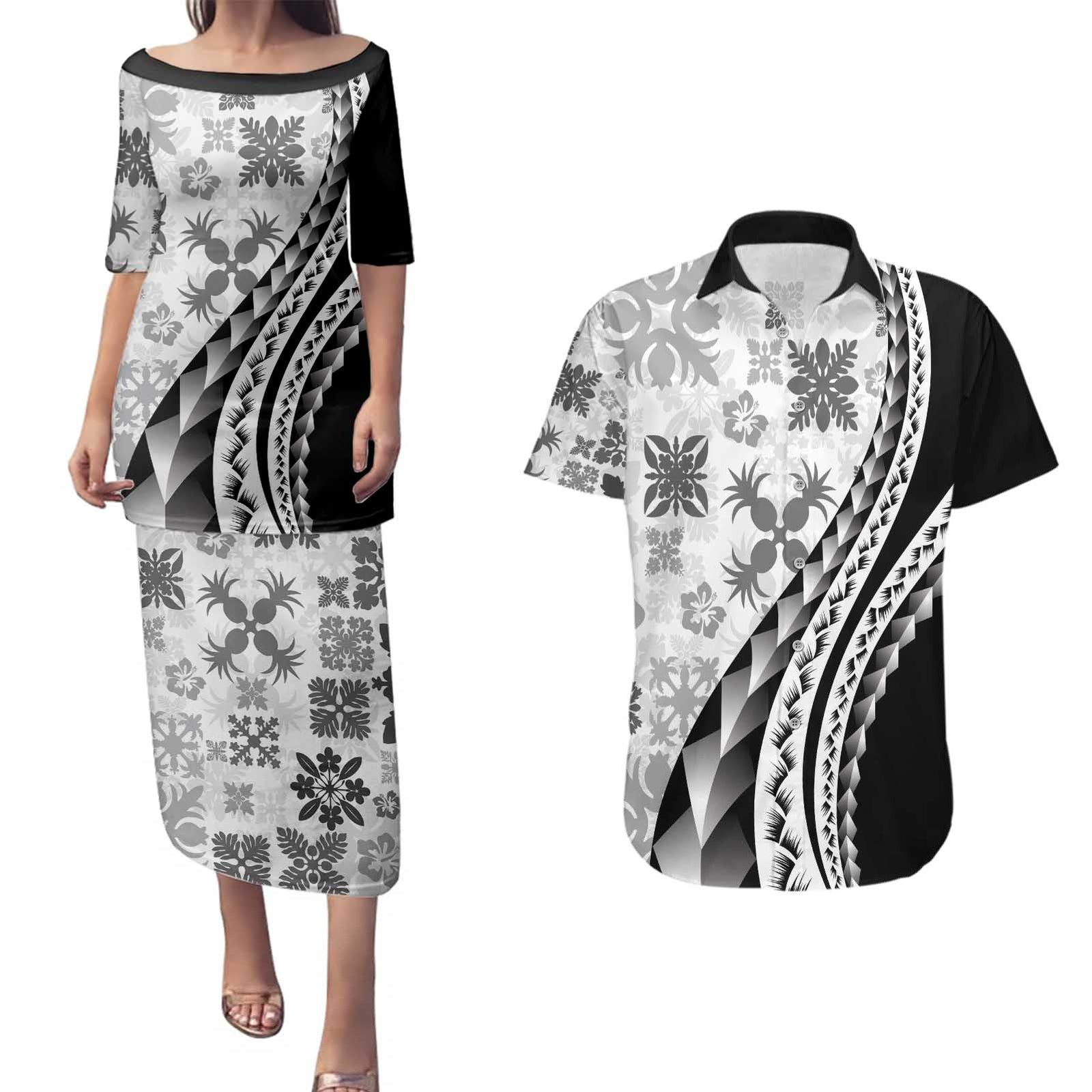 Black Hawaiian Quilt Pattern Couples Matching Puletasi and Hawaiian Shirt Mixed Polynesian Tribal Arty LT9 Black - Polynesian Pride