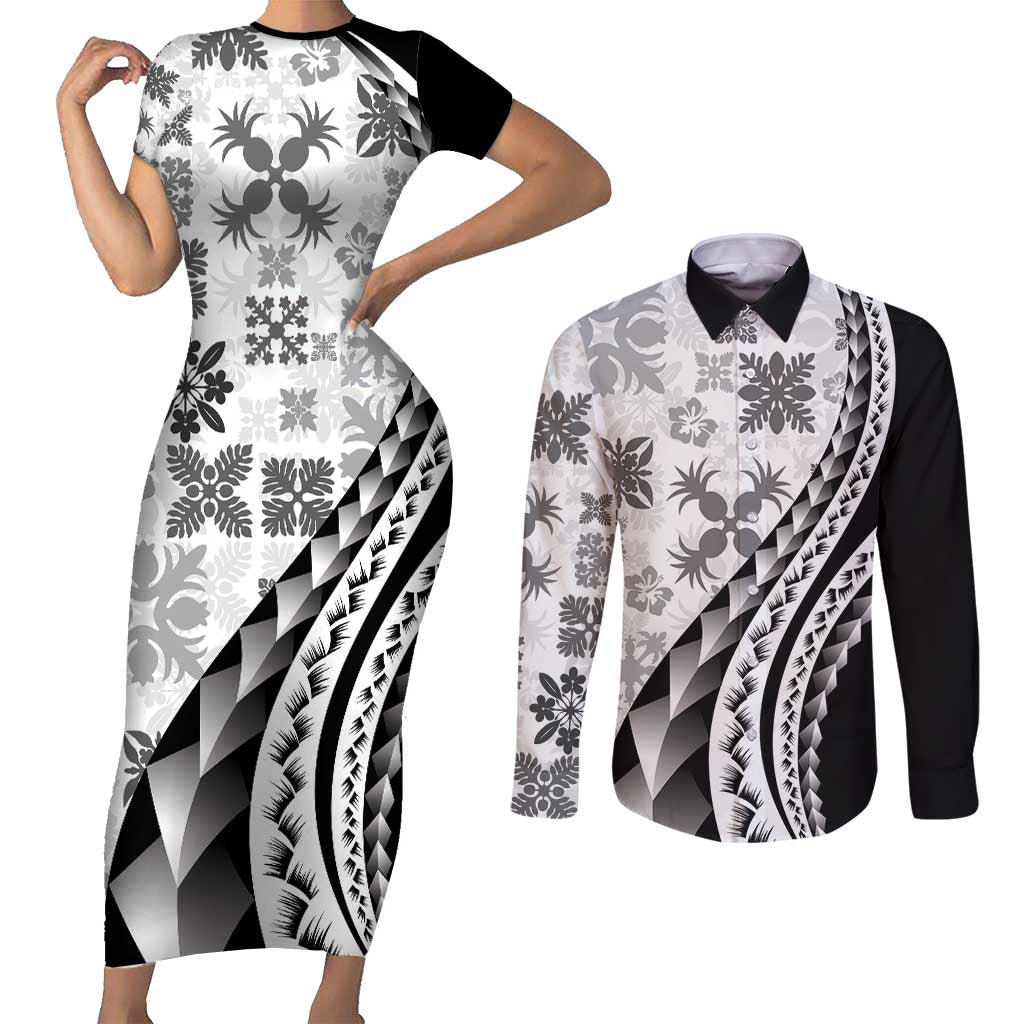 Black Hawaiian Quilt Pattern Couples Matching Short Sleeve Bodycon Dress and Long Sleeve Button Shirt Mixed Polynesian Tribal Arty LT9 Black - Polynesian Pride