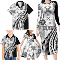 Black Hawaiian Quilt Pattern Family Matching Long Sleeve Bodycon Dress and Hawaiian Shirt Mixed Polynesian Tribal Arty LT9 - Polynesian Pride
