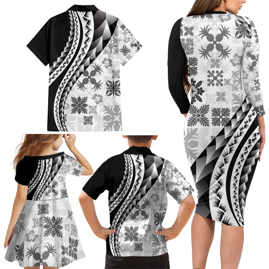 Black Hawaiian Quilt Pattern Family Matching Long Sleeve Bodycon Dress and Hawaiian Shirt Mixed Polynesian Tribal Arty LT9 - Polynesian Pride