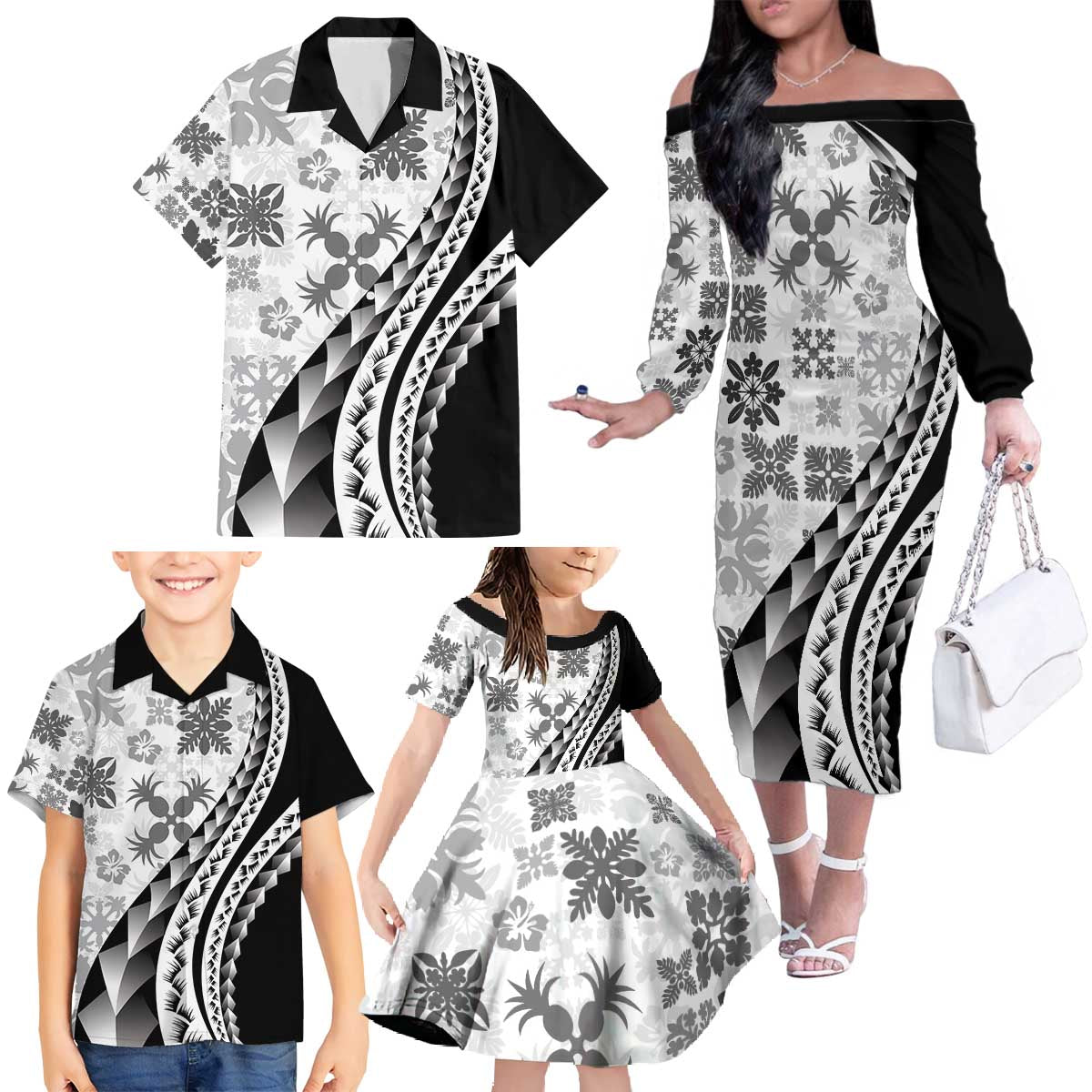 Black Hawaiian Quilt Pattern Family Matching Off The Shoulder Long Sleeve Dress and Hawaiian Shirt Mixed Polynesian Tribal Arty LT9 - Polynesian Pride