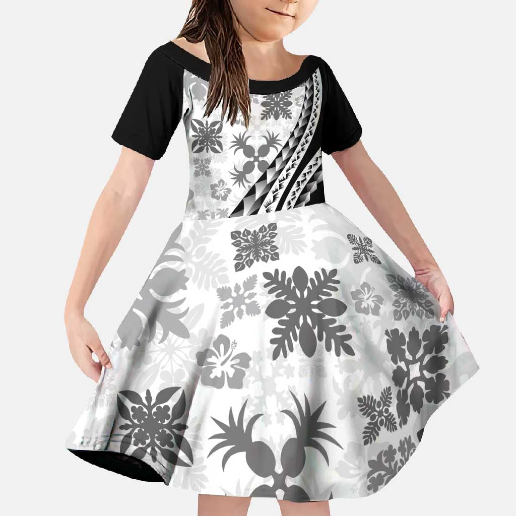 Black Hawaiian Quilt Pattern Family Matching Off Shoulder Maxi Dress and Hawaiian Shirt Mixed Polynesian Tribal Arty LT9 Daughter's Dress Black - Polynesian Pride
