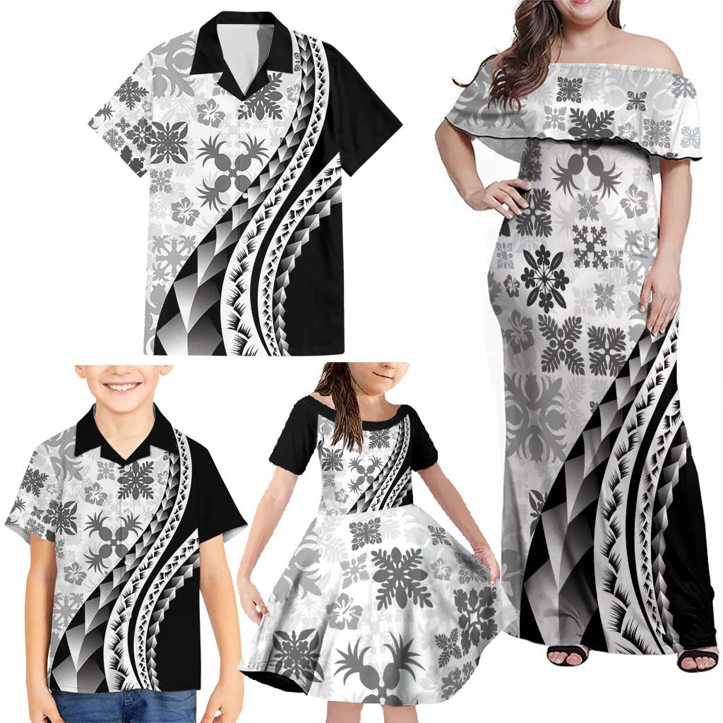 Black Hawaiian Quilt Pattern Family Matching Off Shoulder Maxi Dress and Hawaiian Shirt Mixed Polynesian Tribal Arty LT9 - Polynesian Pride