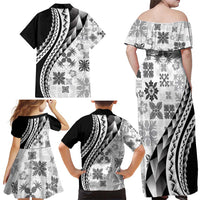 Black Hawaiian Quilt Pattern Family Matching Off Shoulder Maxi Dress and Hawaiian Shirt Mixed Polynesian Tribal Arty LT9 - Polynesian Pride