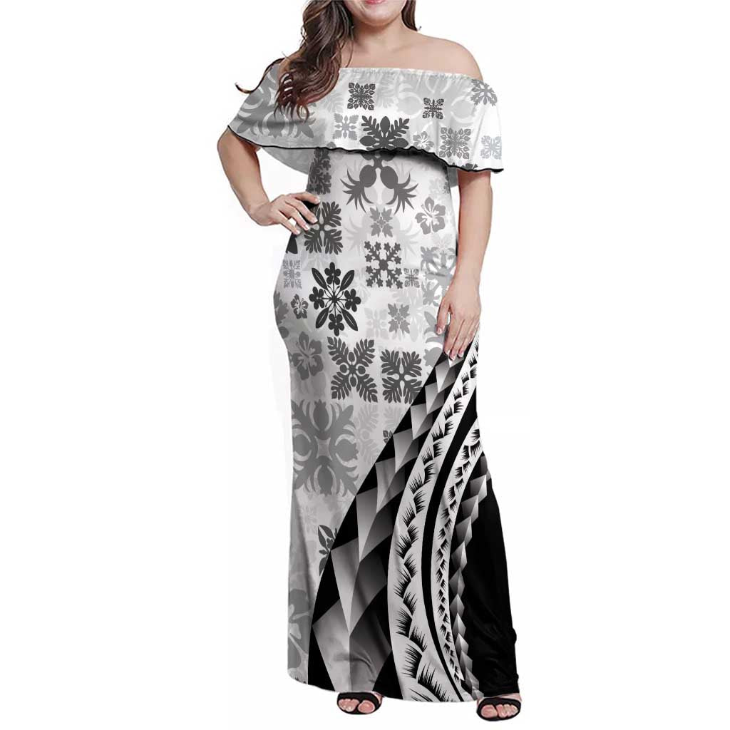 Black Hawaiian Quilt Pattern Family Matching Off Shoulder Maxi Dress and Hawaiian Shirt Mixed Polynesian Tribal Arty LT9 Mom's Dress Black - Polynesian Pride