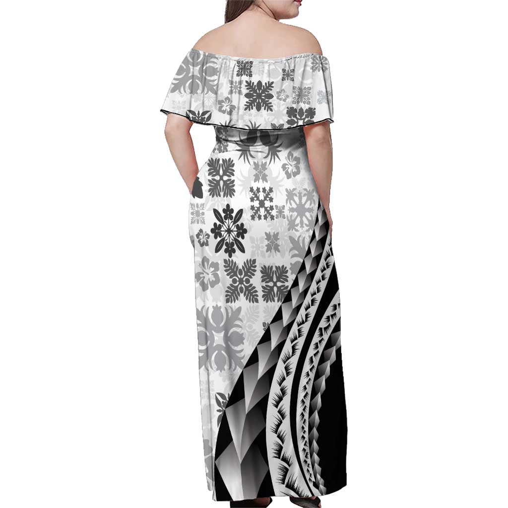 Black Hawaiian Quilt Pattern Family Matching Off Shoulder Maxi Dress and Hawaiian Shirt Mixed Polynesian Tribal Arty LT9 - Polynesian Pride