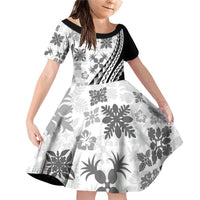 Black Hawaiian Quilt Pattern Family Matching Off Shoulder Short Dress and Hawaiian Shirt Mixed Polynesian Tribal Arty LT9 Daughter's Dress Black - Polynesian Pride