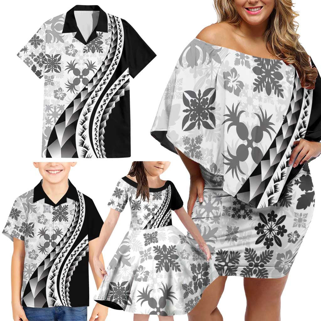 Black Hawaiian Quilt Pattern Family Matching Off Shoulder Short Dress and Hawaiian Shirt Mixed Polynesian Tribal Arty LT9 - Polynesian Pride