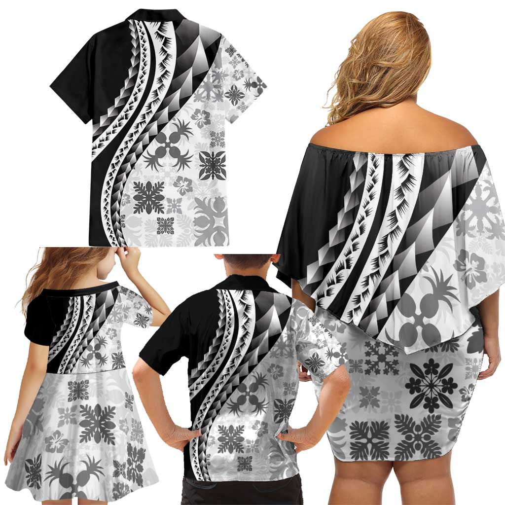 Black Hawaiian Quilt Pattern Family Matching Off Shoulder Short Dress and Hawaiian Shirt Mixed Polynesian Tribal Arty LT9 - Polynesian Pride